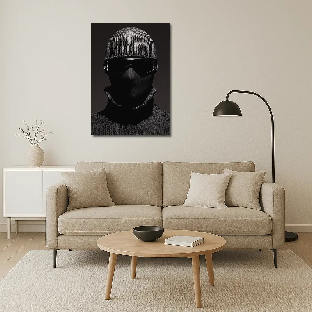 Masked Figure Ski Goggles Dark Background – Wall Art