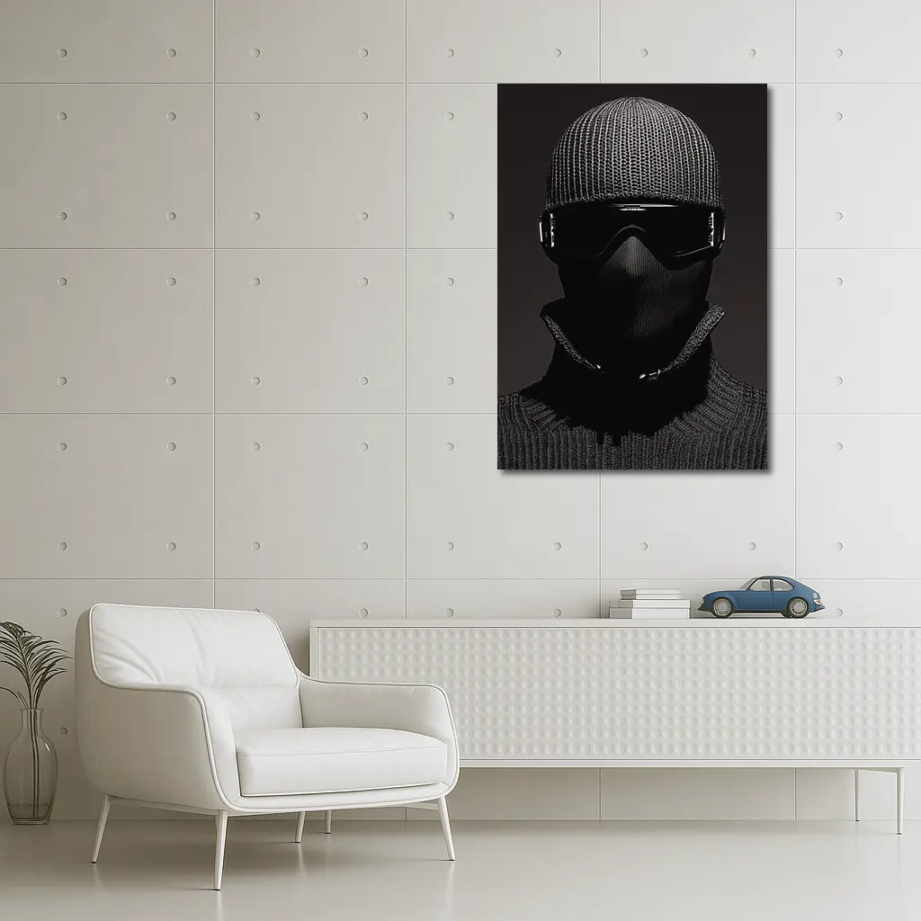 Masked Figure Ski Goggles Dark Background – Wall Art