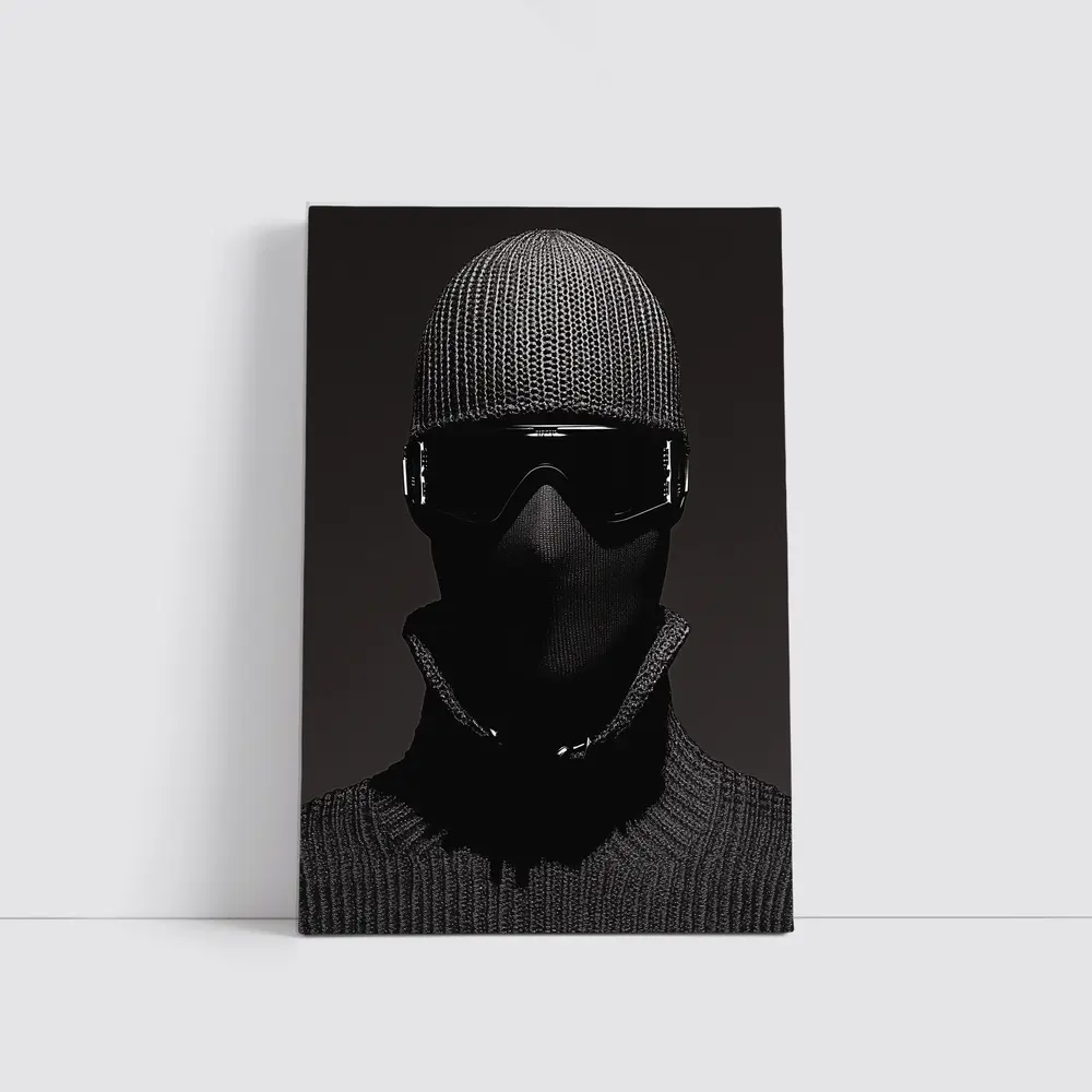 Masked Figure Ski Goggles Dark Background – Wall Art
