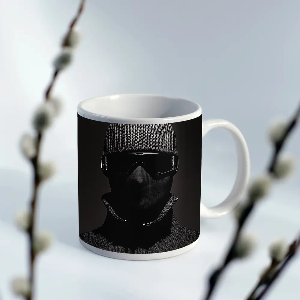 Masked Figure Ski Goggles Dark Background – Mugs