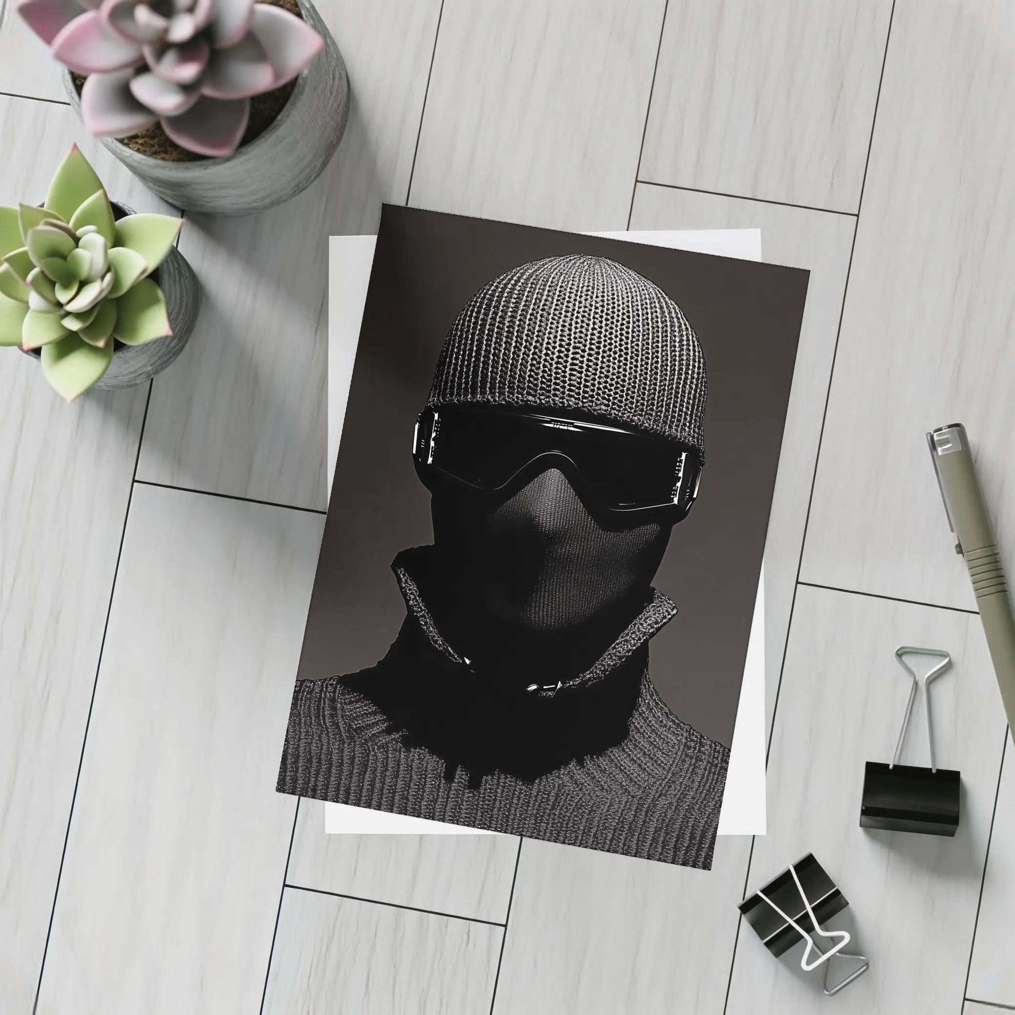Masked Figure Ski Goggles Dark Background – Postcards