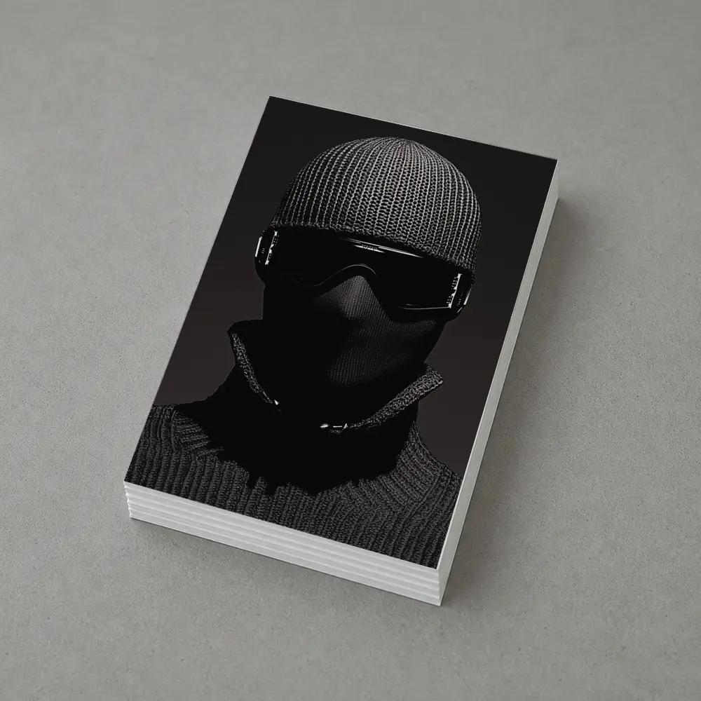 Masked Figure Ski Goggles Dark Background – Postcards