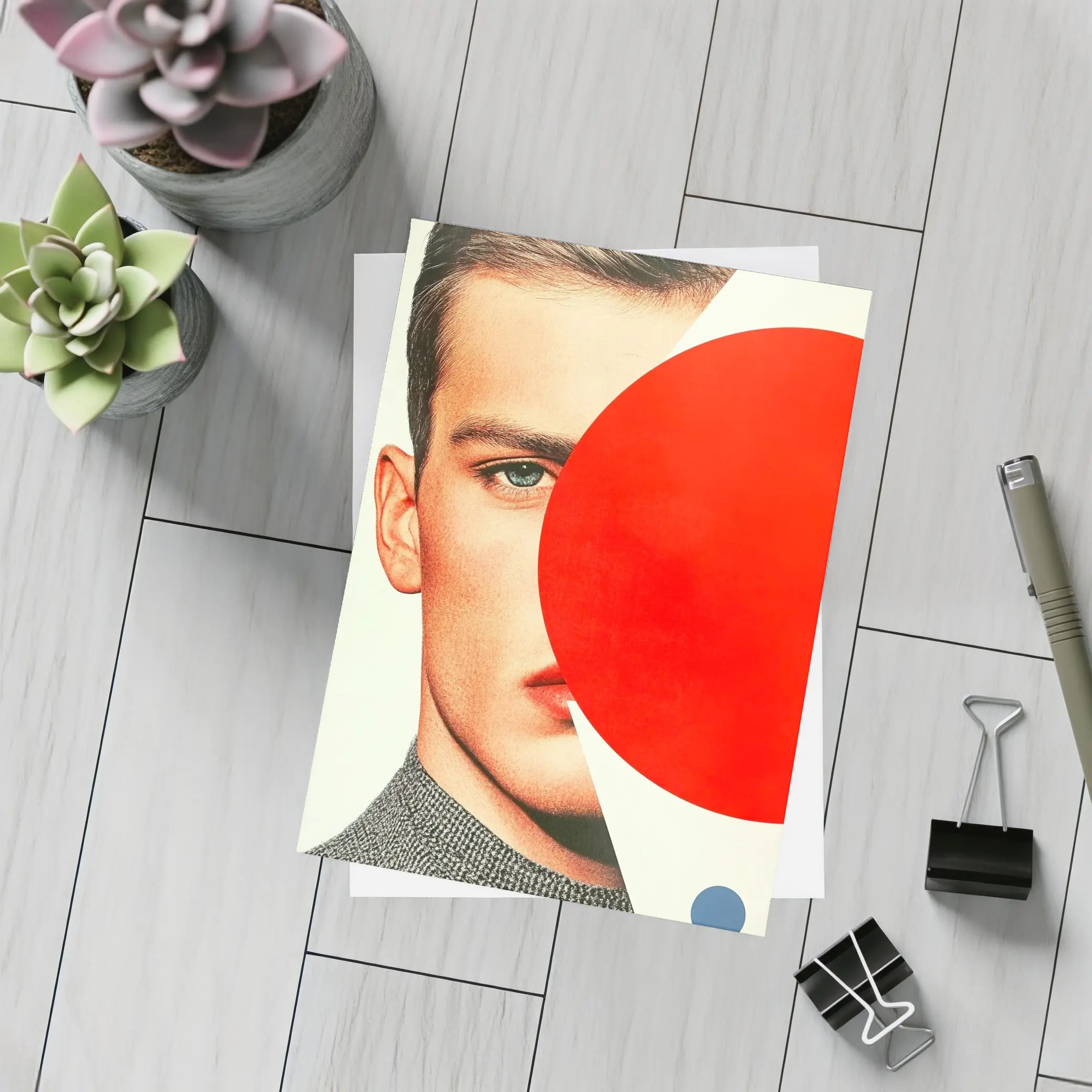 Man Portrait Red Circle Geometric Collage Art – Postcards