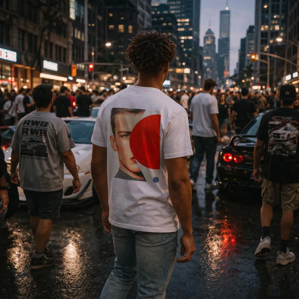 Man Portrait Red Circle Geometric Collage Art – T-Shirts