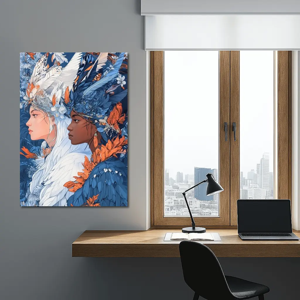 Two Women Feathered Headdress Blue Floral Art – Wall Art