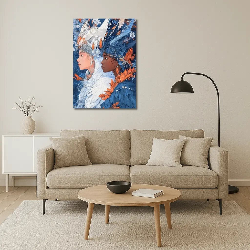 Two Women Feathered Headdress Blue Floral Art – Wall Art