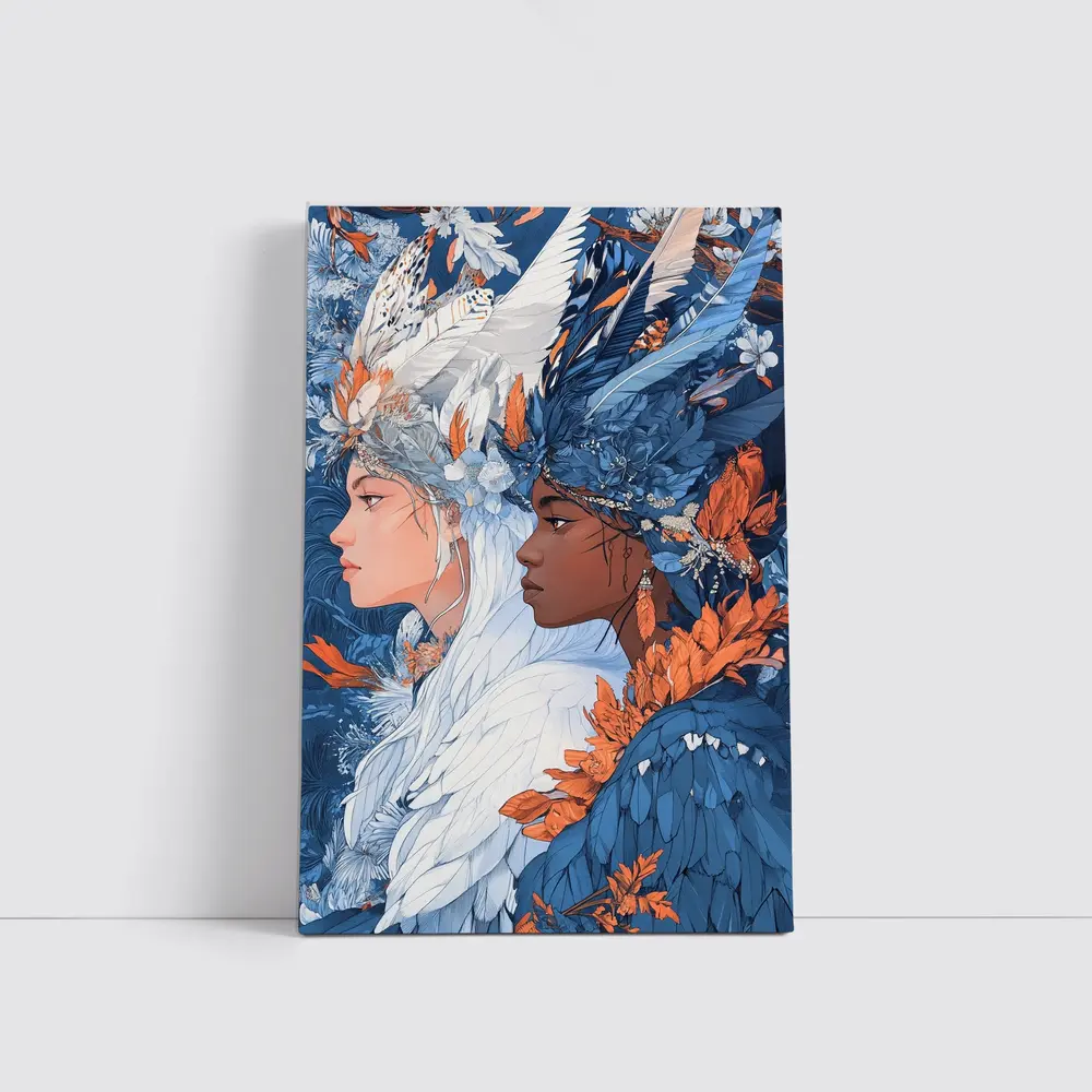 Two Women Feathered Headdress Blue Floral Art – Wall Art