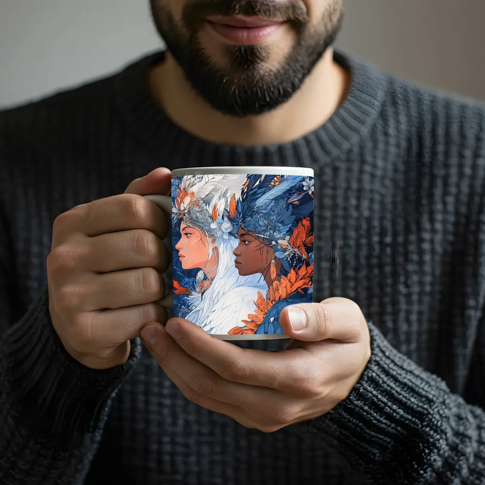 Two Women Feathered Headdress Blue Floral Art – Mugs