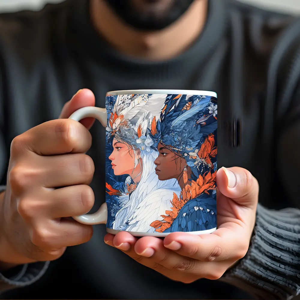 Two Women Feathered Headdress Blue Floral Art – Mugs