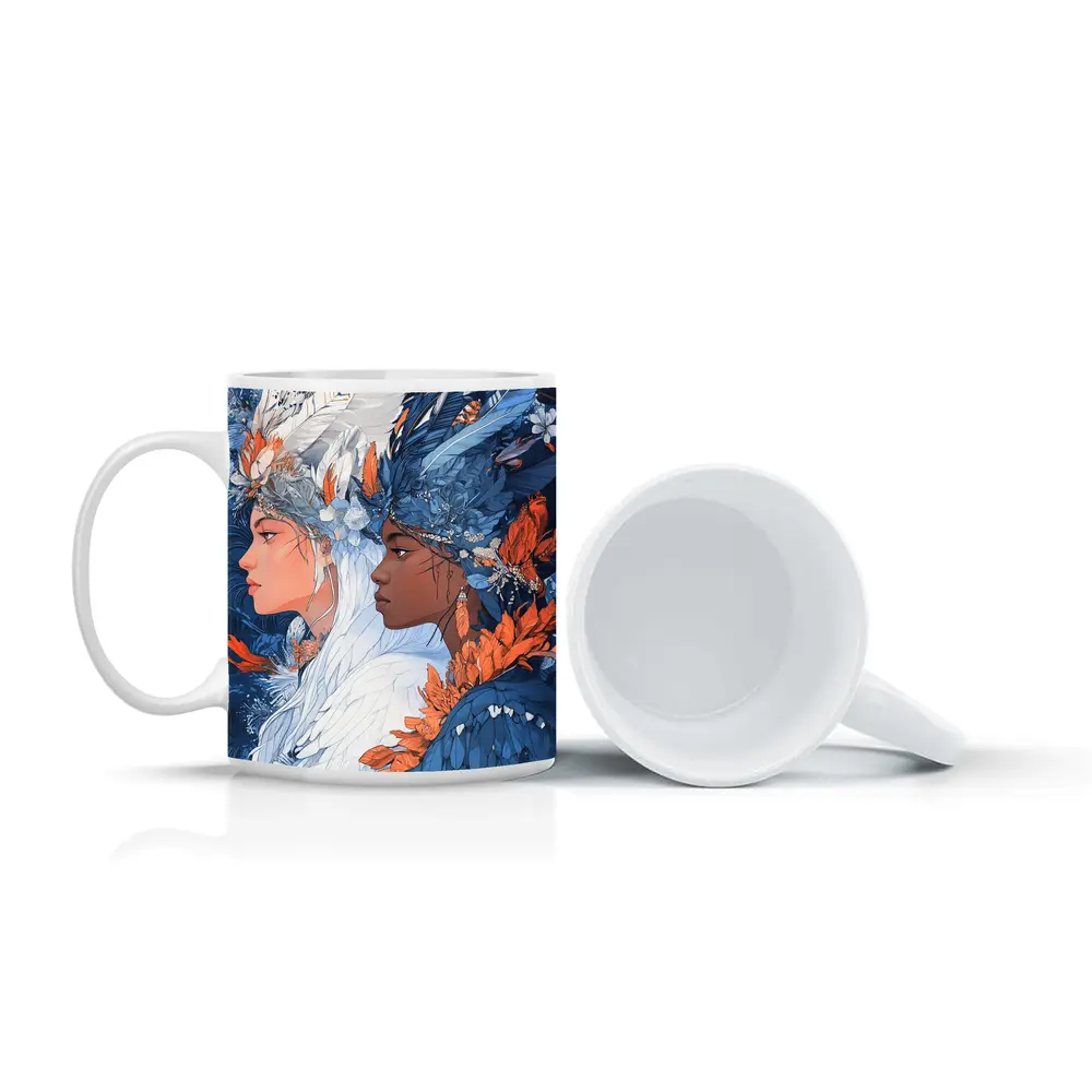 Two Women Feathered Headdress Blue Floral Art – Mugs