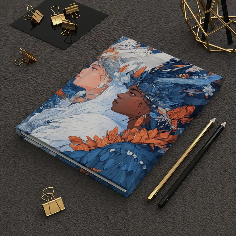 Two Women Feathered Headdress Blue Floral Art – Notebooks