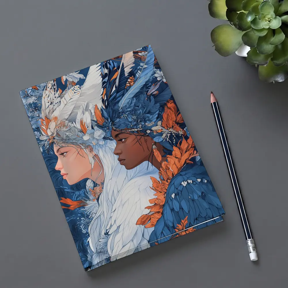 Two Women Feathered Headdress Blue Floral Art – Notebooks