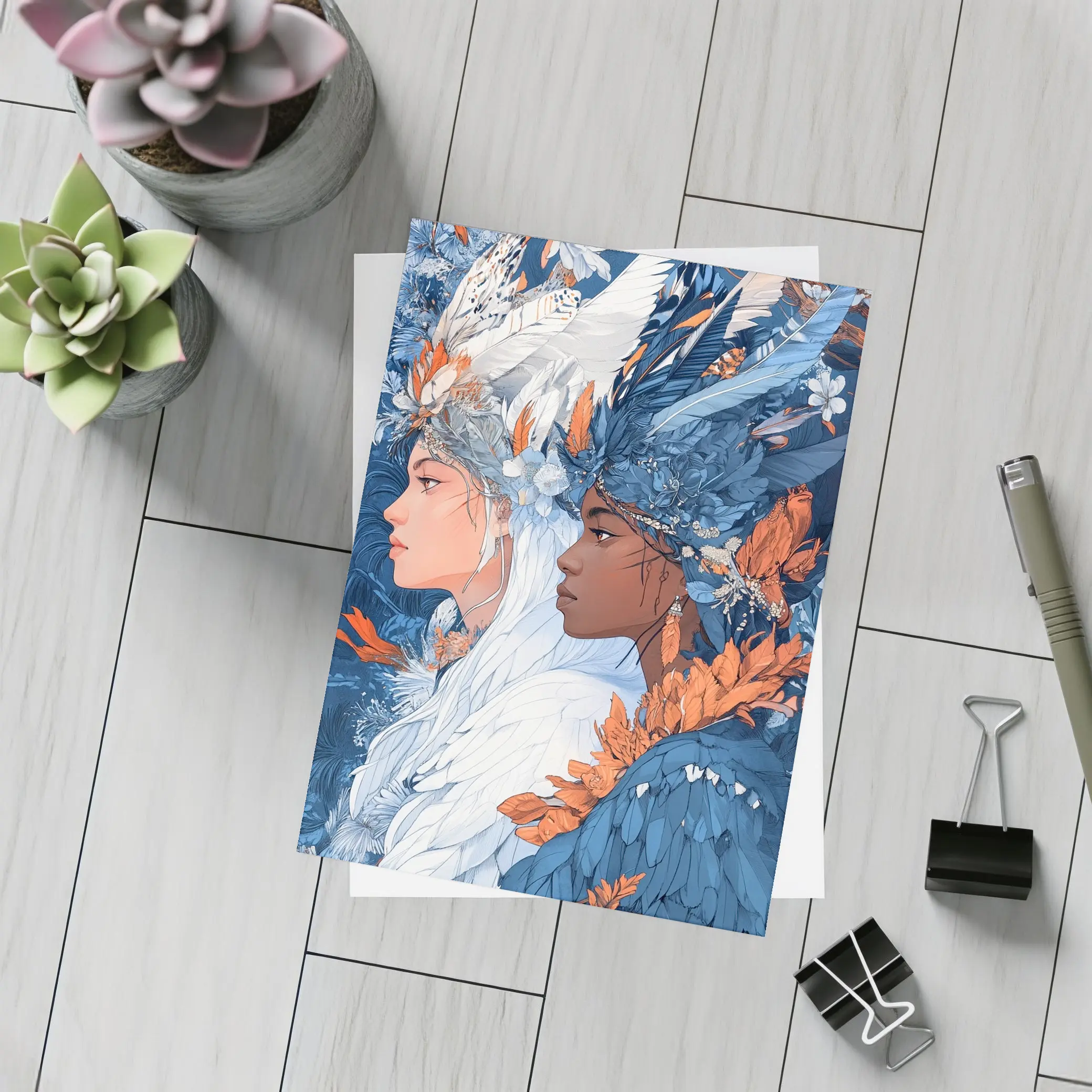 Two Women Feathered Headdress Blue Floral Art – Postcards