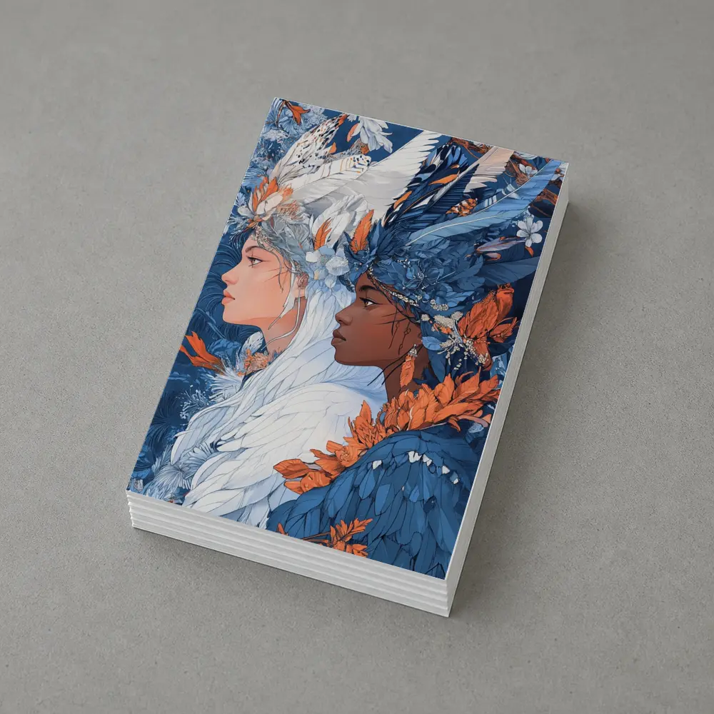 Two Women Feathered Headdress Blue Floral Art – Postcards