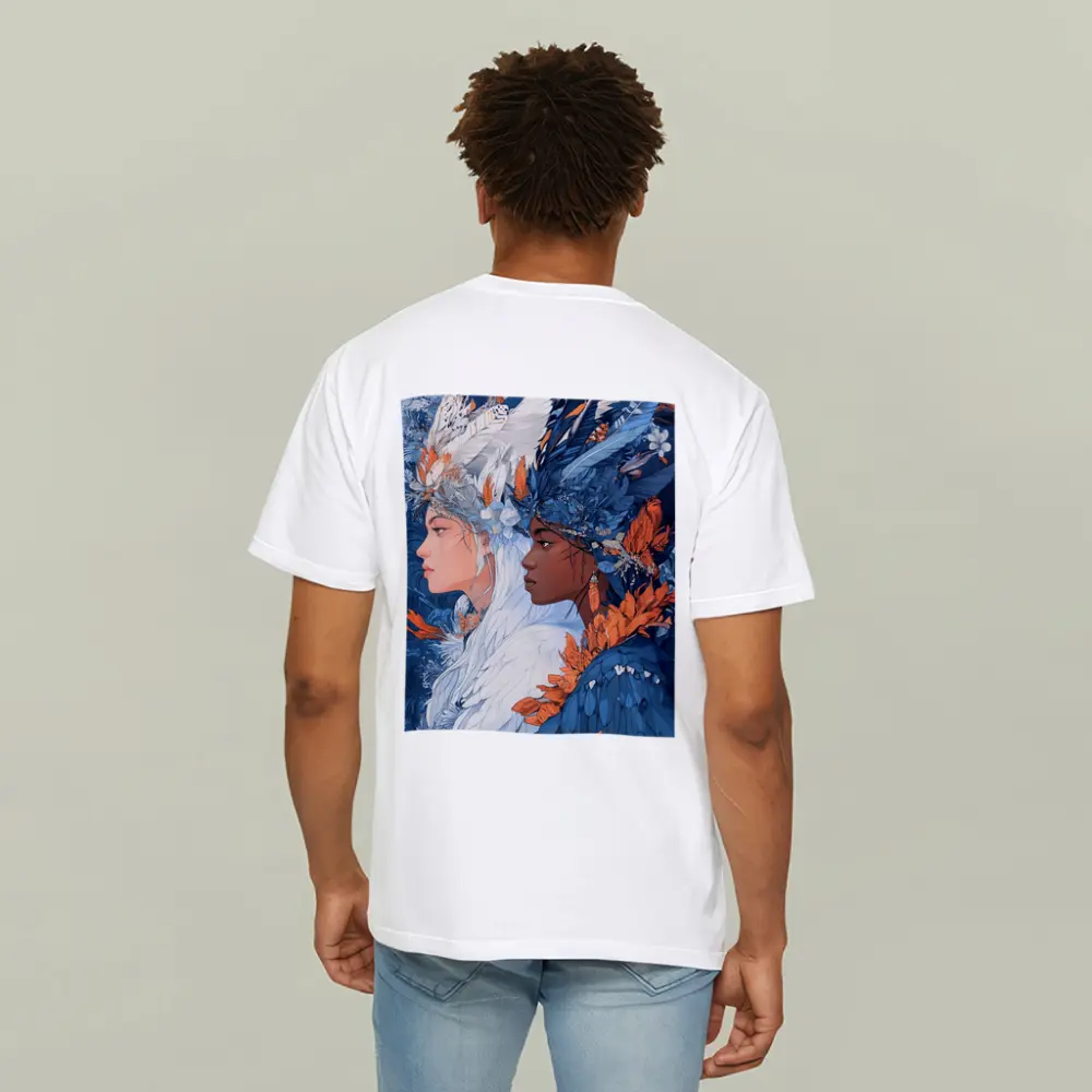 Two Women Feathered Headdress Blue Floral Art – T-Shirts