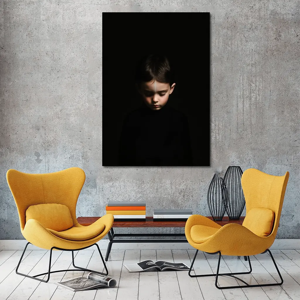 Young Boy Portrait Dark Black Background – Wall Art