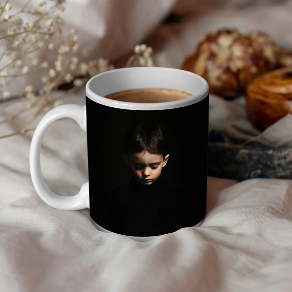 Young Boy Portrait Dark Black Background – Mugs