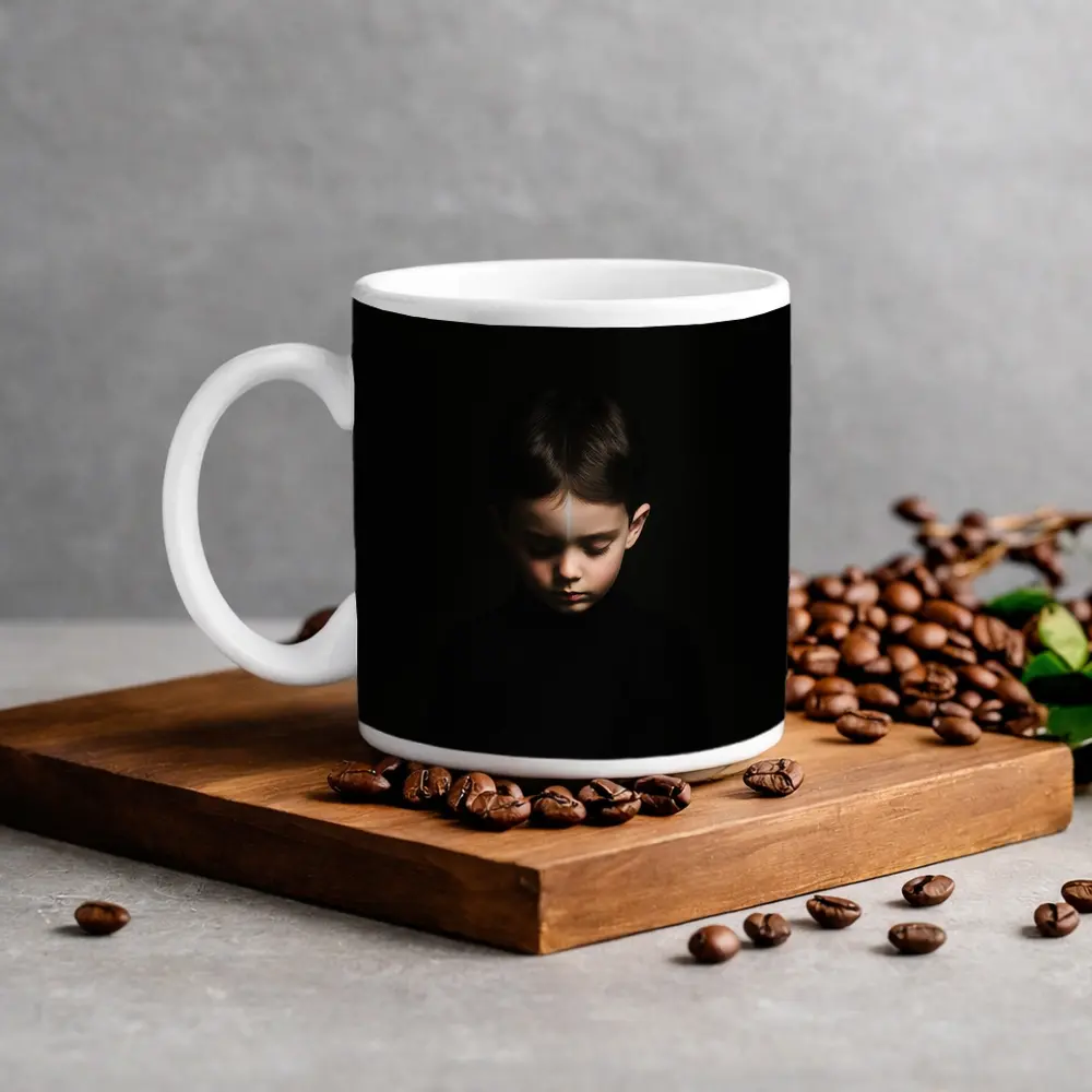 Young Boy Portrait Dark Black Background – Mugs