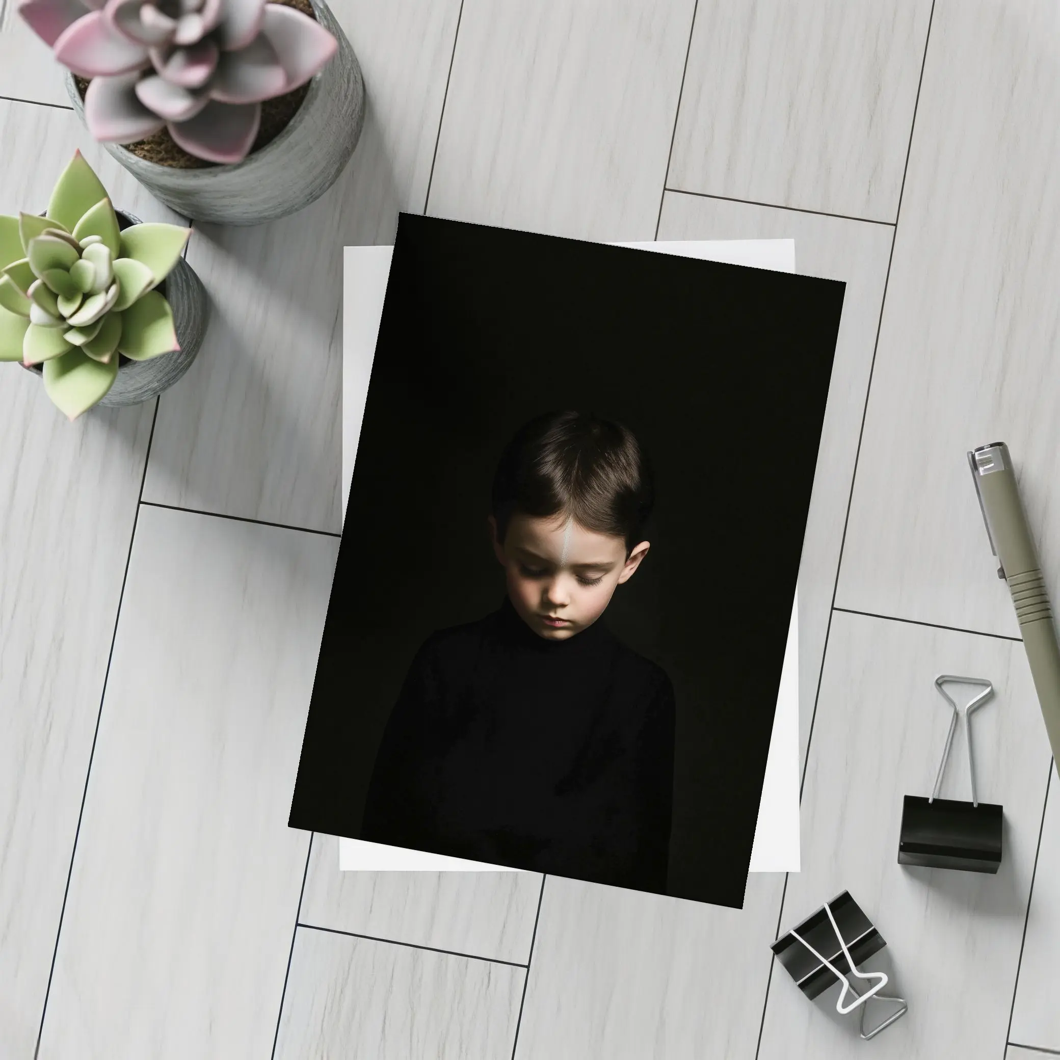 Young Boy Portrait Dark Black Background – Postcards