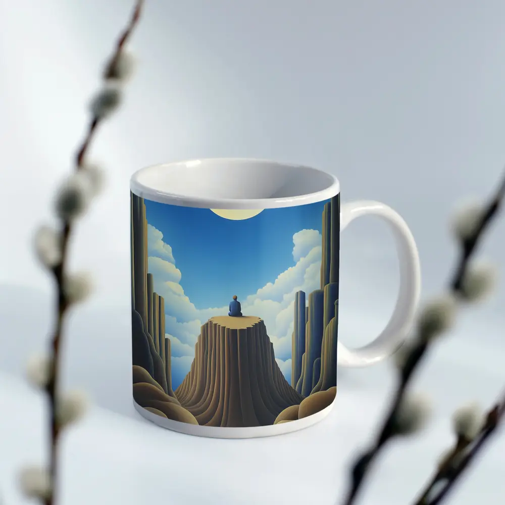 Solitary Figure Meditating on Rocky Cliff – Mugs