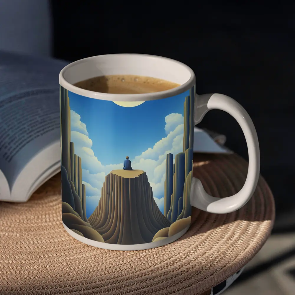 Solitary Figure Meditating on Rocky Cliff – Mugs