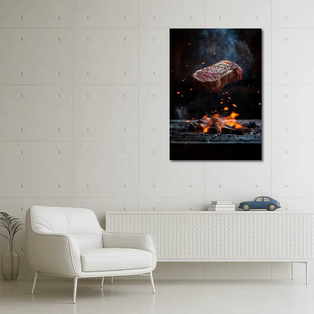 Grilled Steak Flying Over Fire Embers – Wall Art