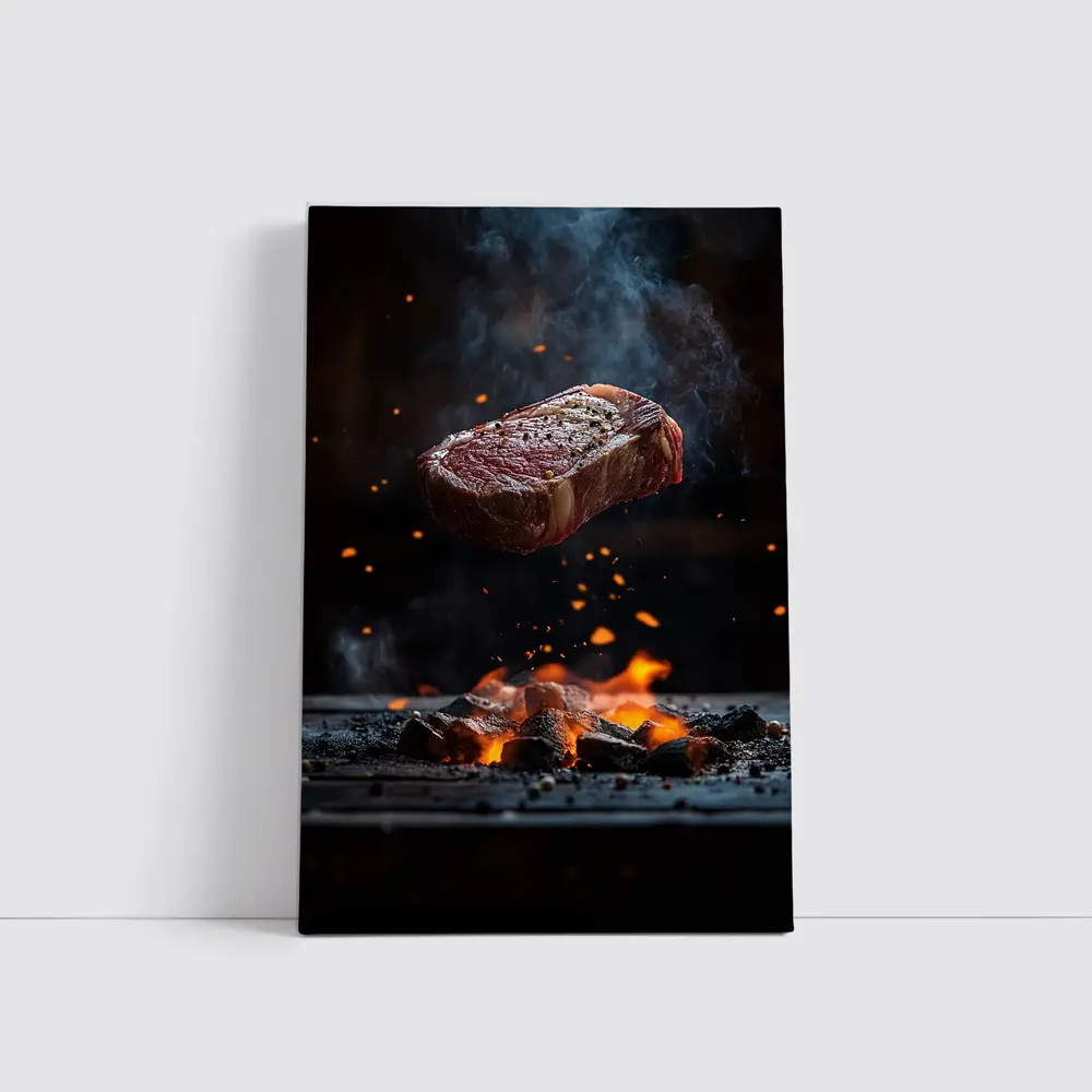 Grilled Steak Flying Over Fire Embers – Wall Art