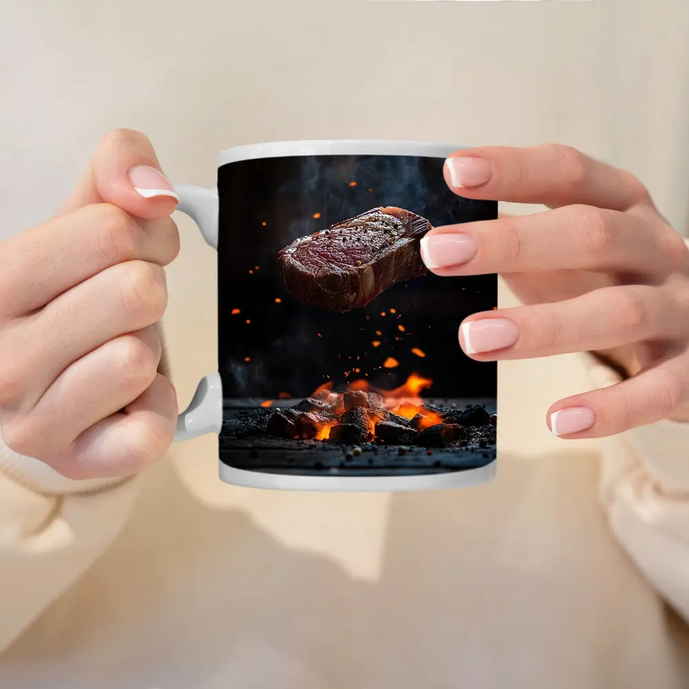 Grilled Steak Flying Over Fire Embers – Mugs