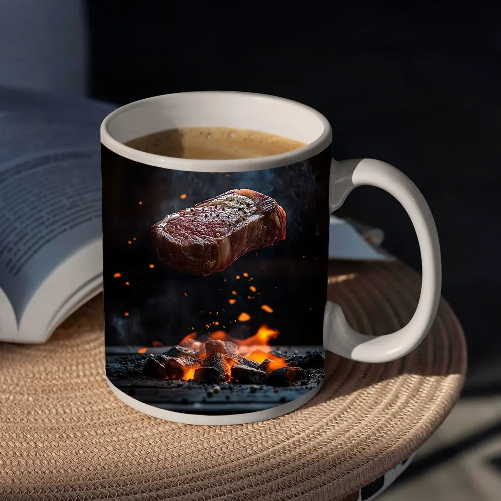 Grilled Steak Flying Over Fire Embers – Mugs
