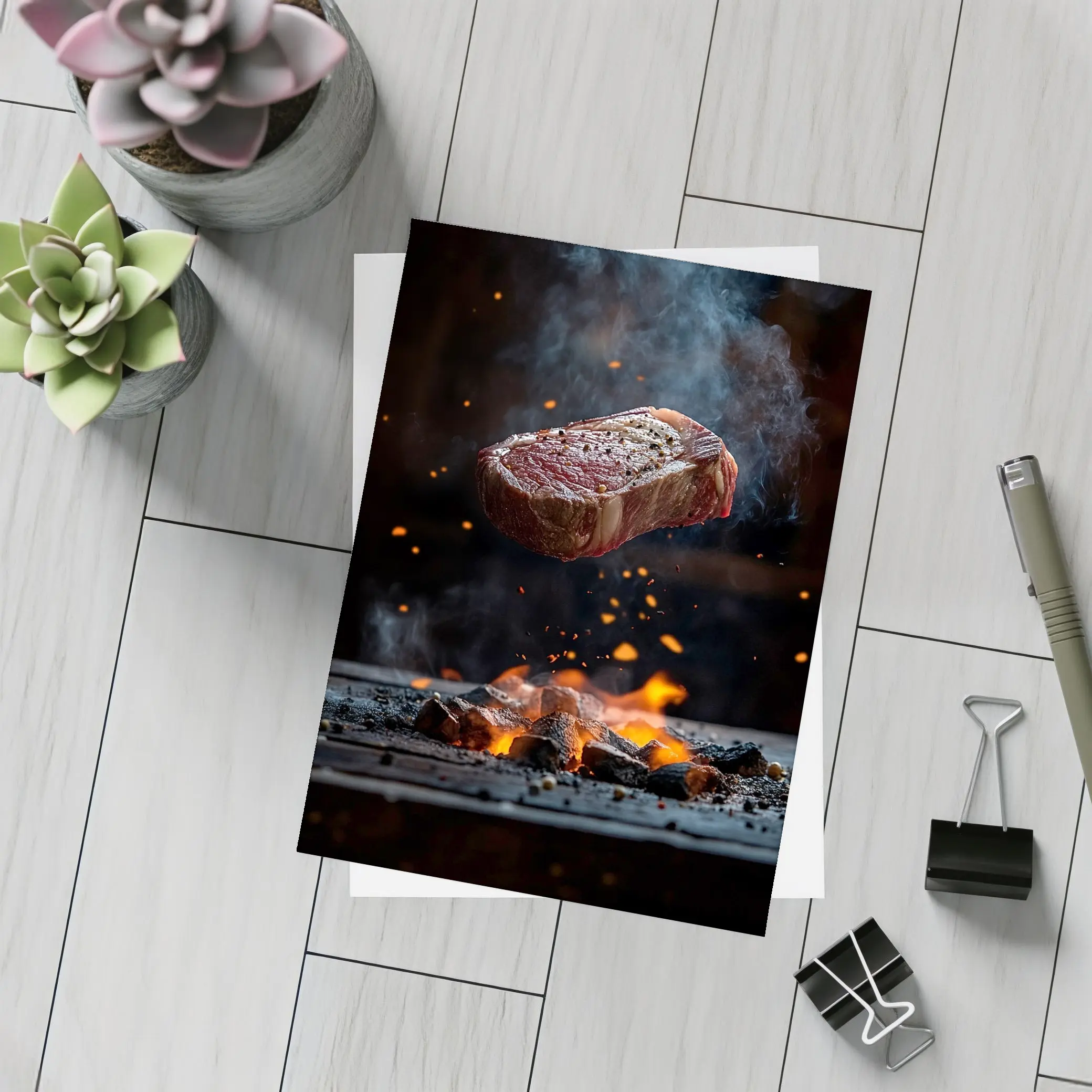 Grilled Steak Flying Over Fire Embers – Postcards