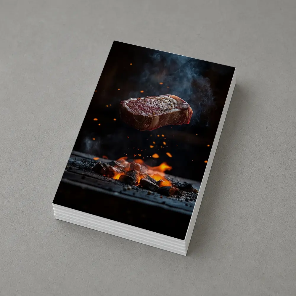 Grilled Steak Flying Over Fire Embers – Postcards