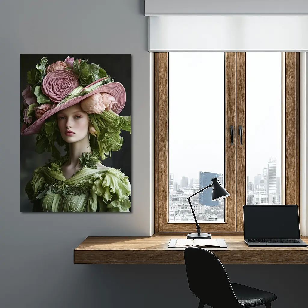 Woman Wearing Vegetable Flower Hat Fashion – Wall Art