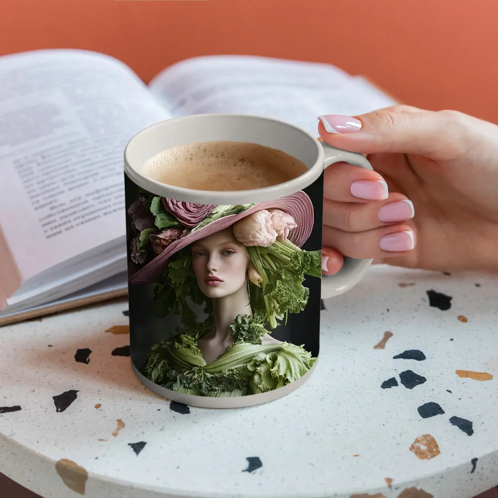 Woman Wearing Vegetable Flower Hat Fashion – Mugs