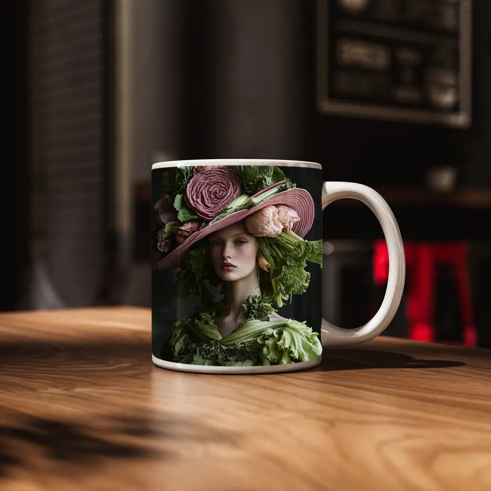 Woman Wearing Vegetable Flower Hat Fashion – Mugs