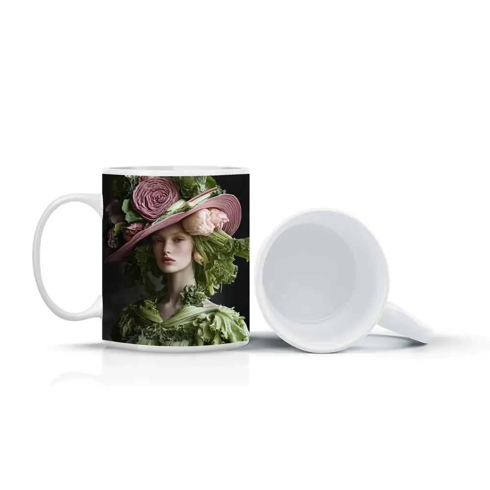 Woman Wearing Vegetable Flower Hat Fashion – Mugs