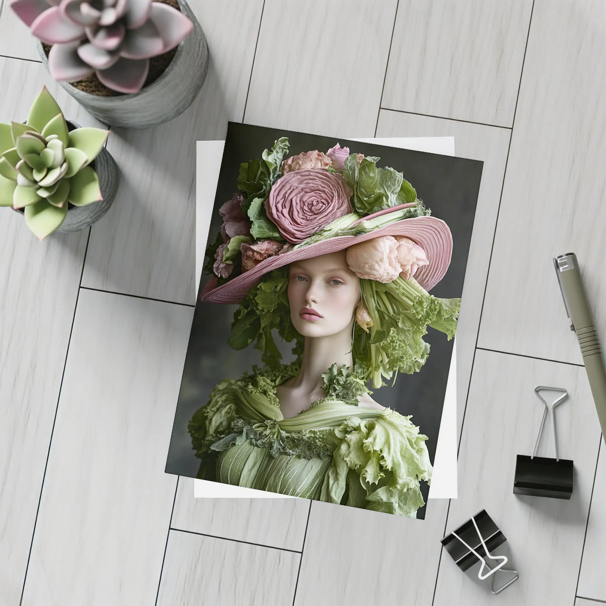 Woman Wearing Vegetable Flower Hat Fashion – Postcards