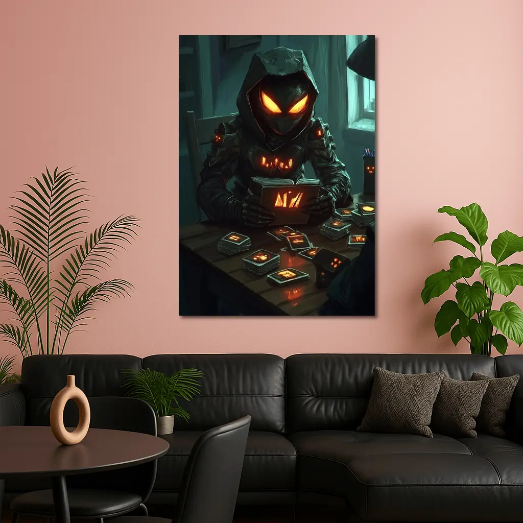 Dark Hooded Figure Glowing Eyes Card Game – Wall Art