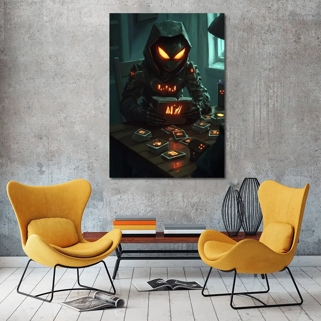 Dark Hooded Figure Glowing Eyes Card Game – Wall Art