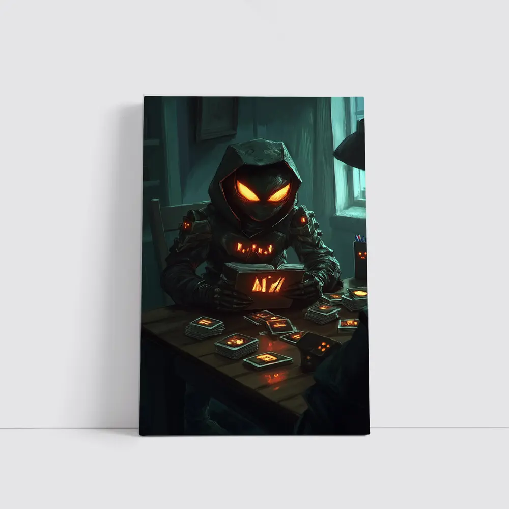 Dark Hooded Figure Glowing Eyes Card Game – Wall Art