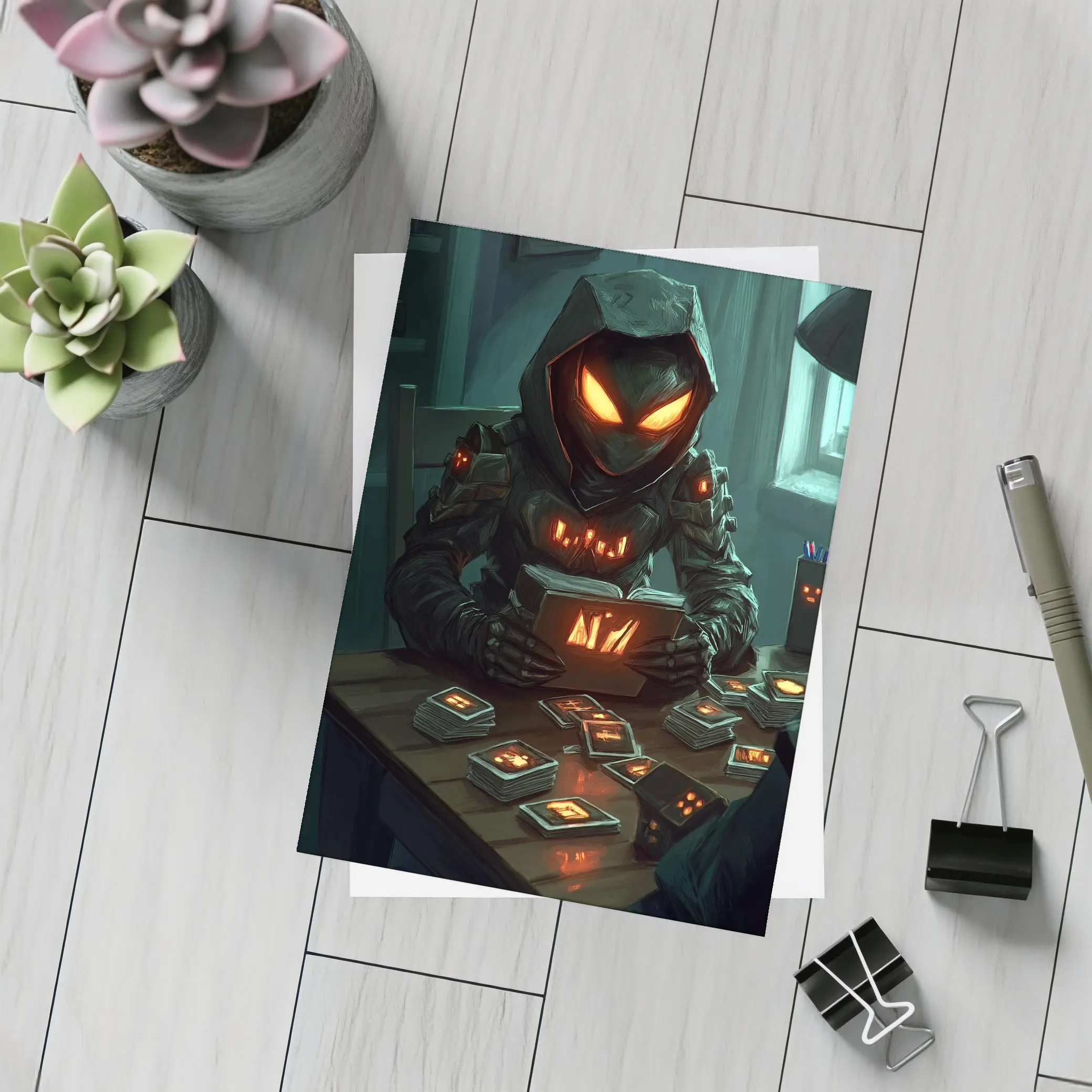 Dark Hooded Figure Glowing Eyes Card Game – Postcards