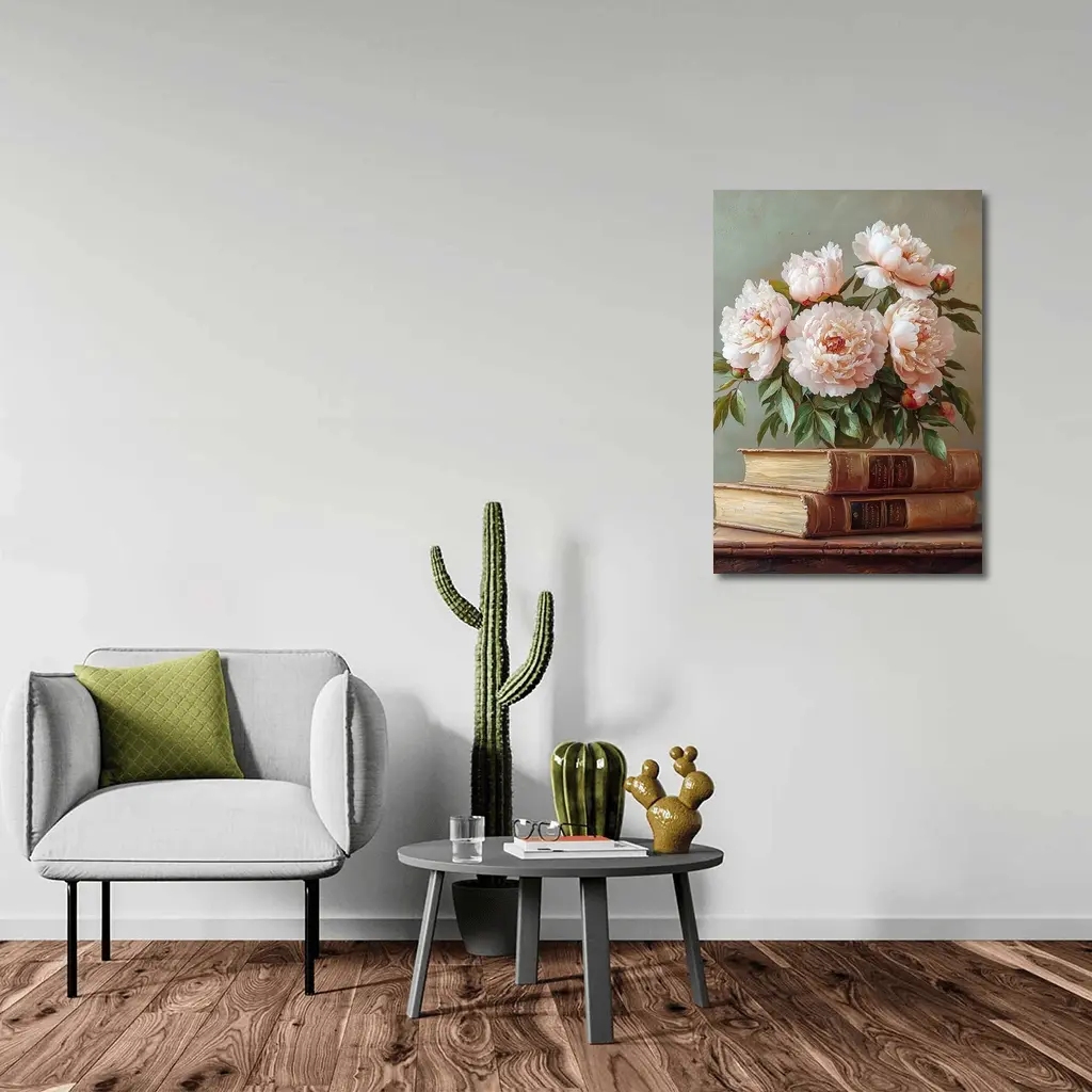 Pink Peonies Still Life With Vintage Books – Wall Art