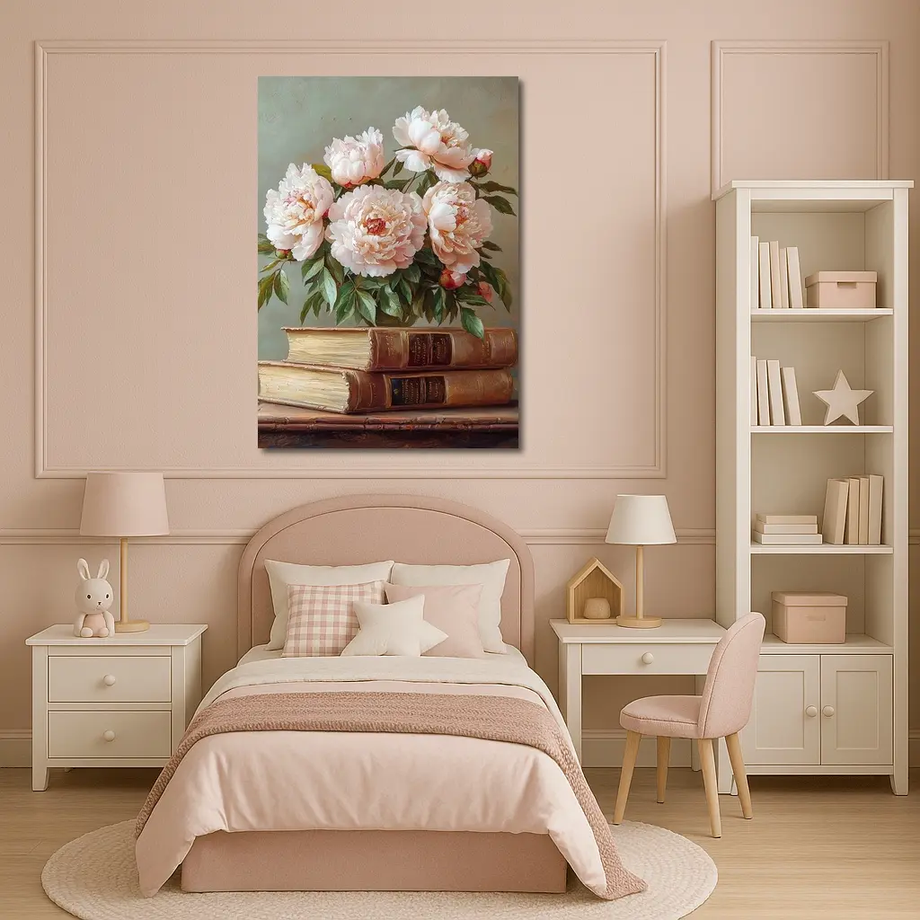 Pink Peonies Still Life With Vintage Books – Wall Art