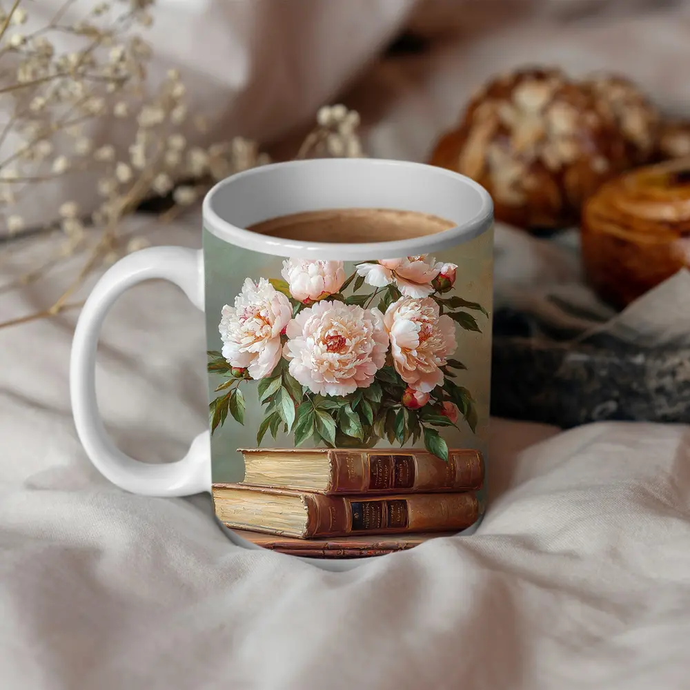Pink Peonies Still Life With Vintage Books – Mugs
