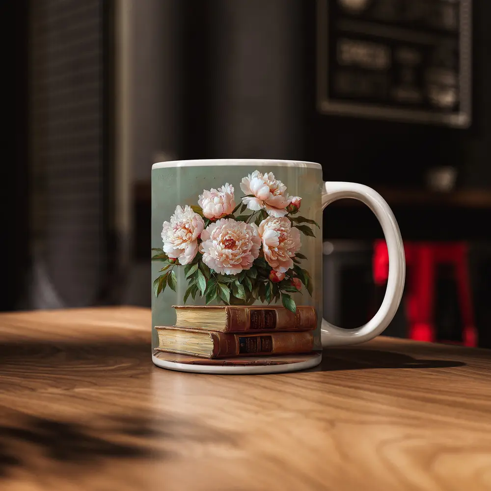 Pink Peonies Still Life With Vintage Books – Mugs
