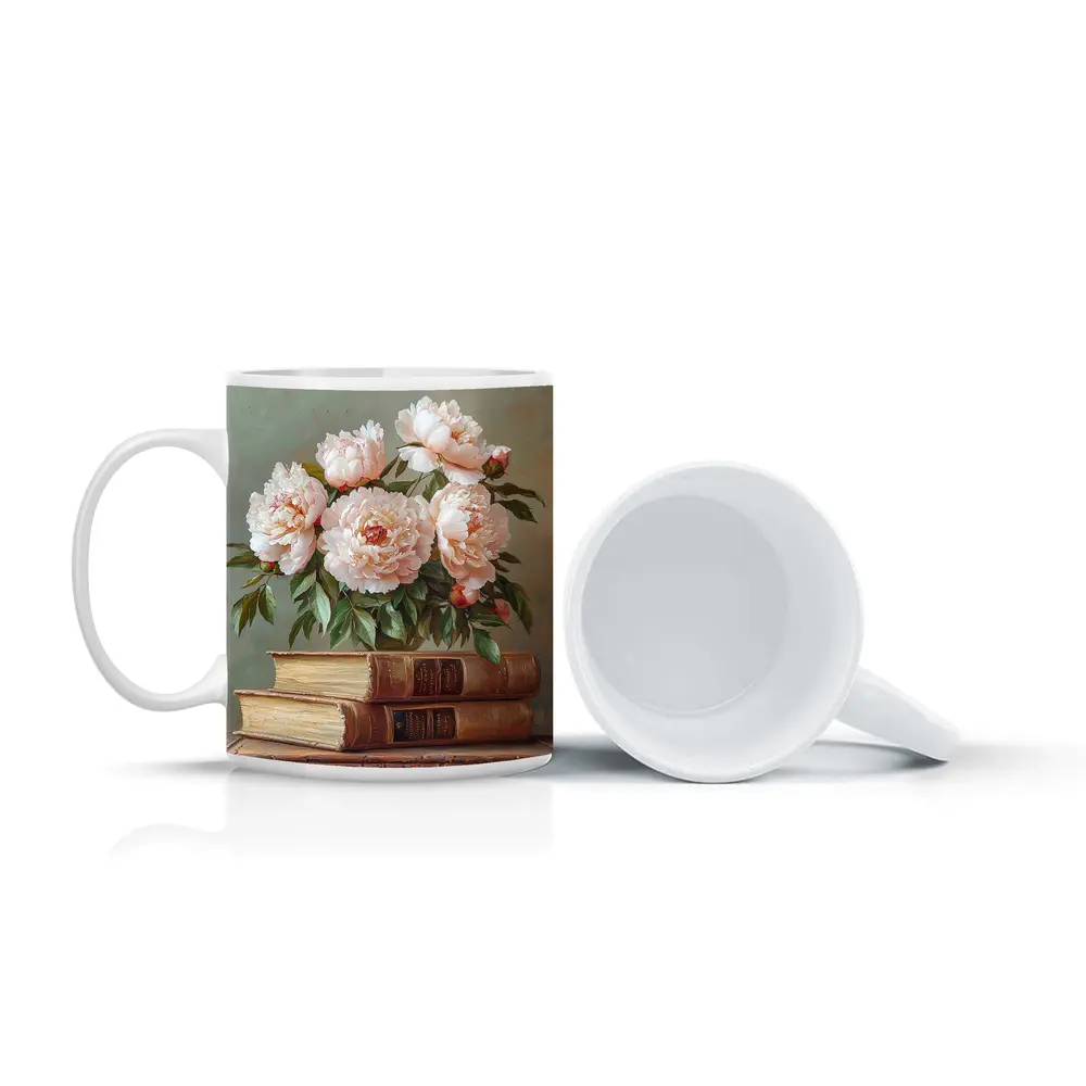 Pink Peonies Still Life With Vintage Books – Mugs