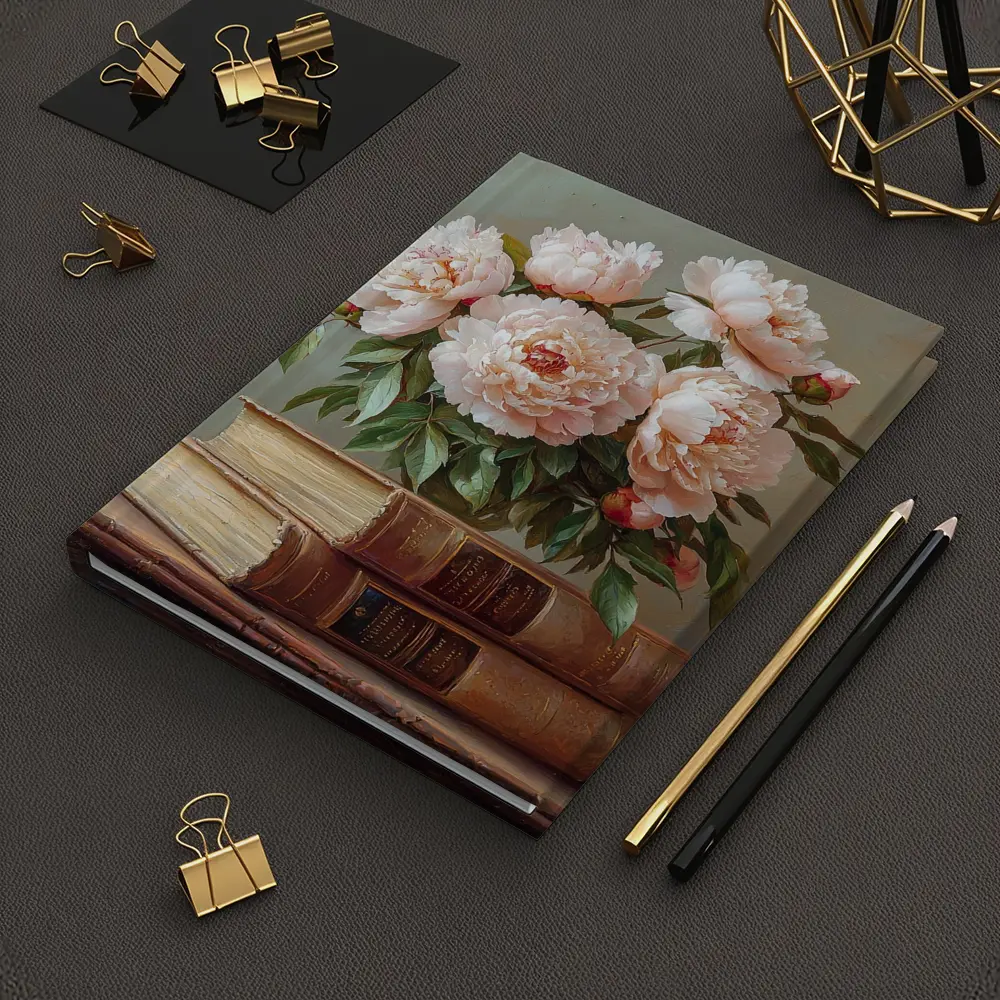 Pink Peonies Still Life With Vintage Books – Notebooks
