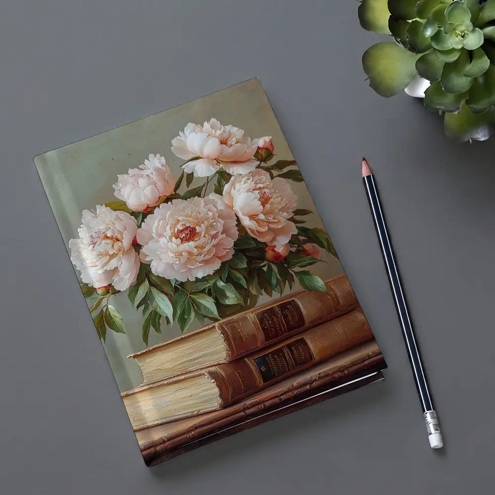 Pink Peonies Still Life With Vintage Books – Notebooks
