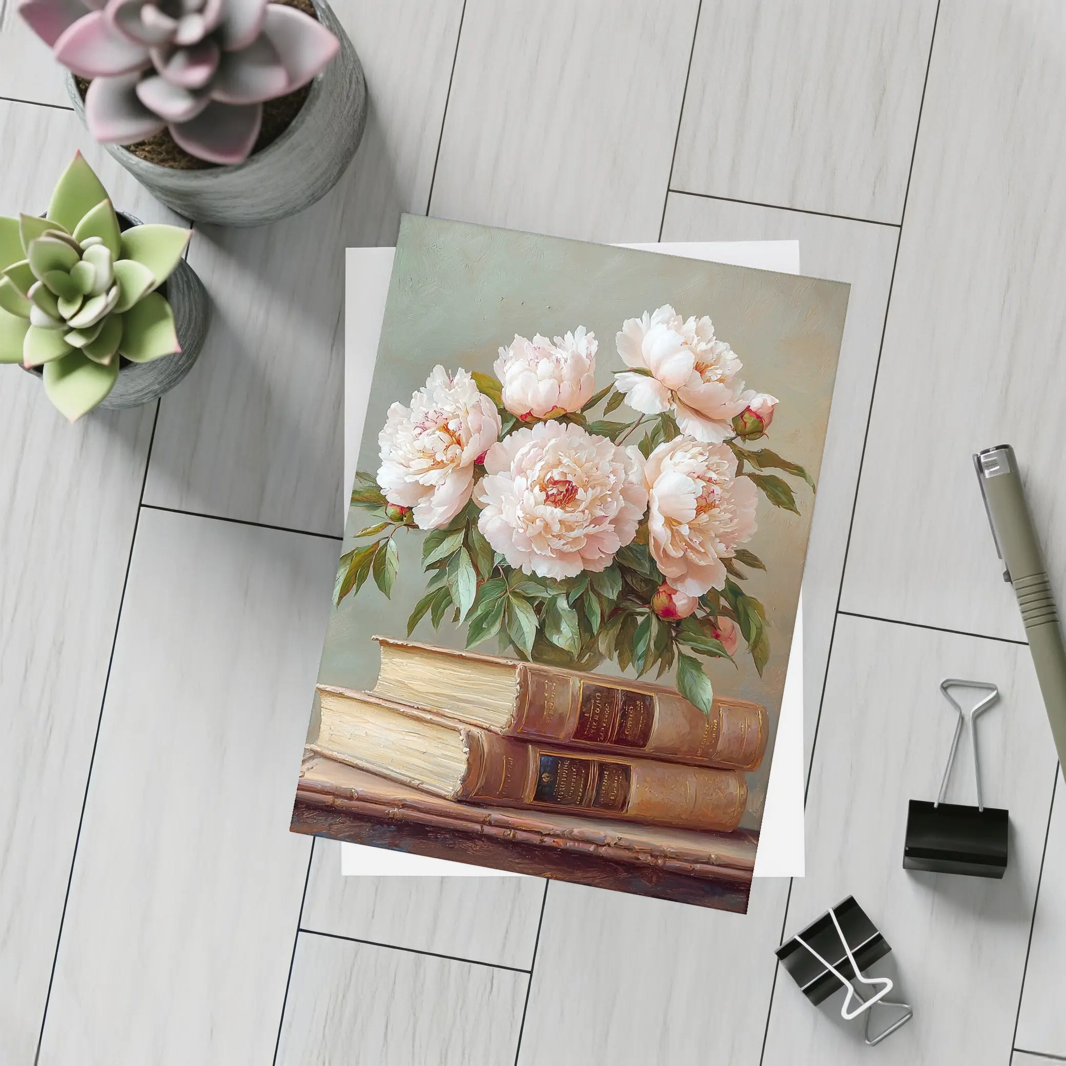 Pink Peonies Still Life With Vintage Books – Postcards