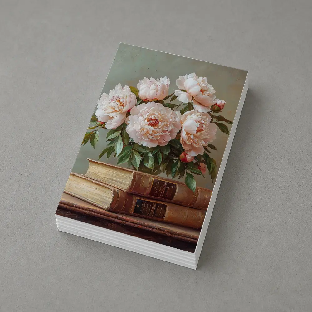 Pink Peonies Still Life With Vintage Books – Postcards