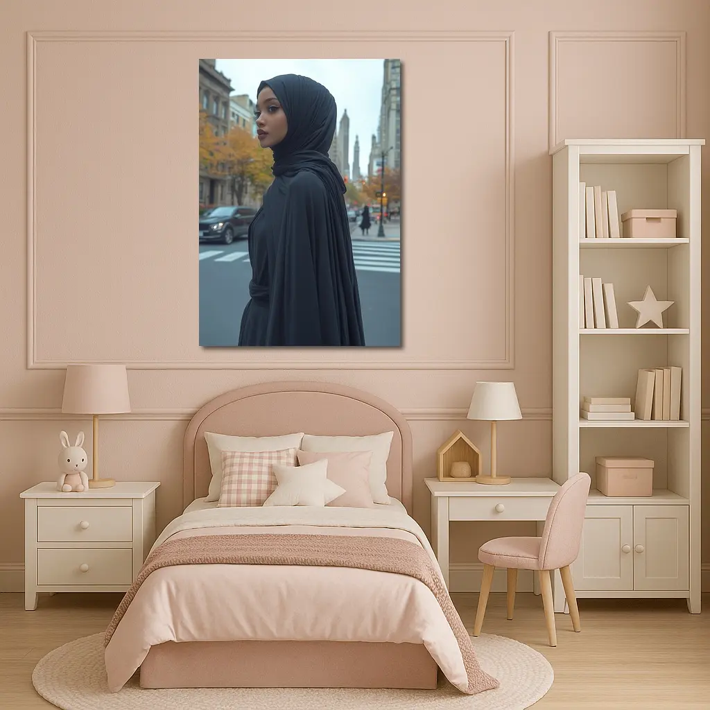 Woman Black Hijab Abaya City Street – Wall Art